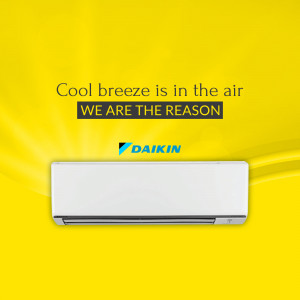 Daikin air conditioner unit against a bright yellow background with text promoting cool air.