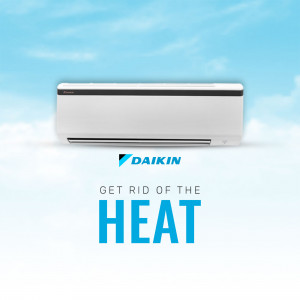 Daikin air conditioner unit mounted on a wall with text 'Get rid of the heat'