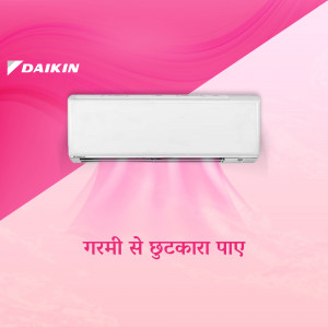 Daikin air conditioner unit against a pink and white gradient background with text in Hindi.