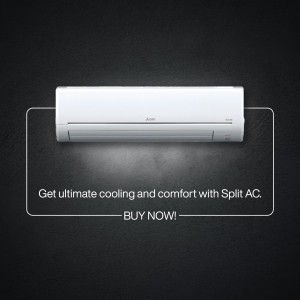 Aser split air conditioner mounted on a dark wall with text promoting cooling and comfort.