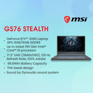 MSI GS76 Stealth laptop with key specifications listed