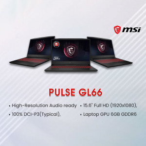 Three MSI Pulse GL66 gaming laptops displayed with product specifications.