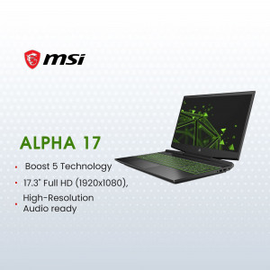 MSI Alpha 17 laptop with green accents and display showing a futuristic design.