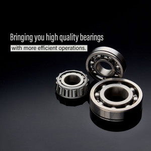 Close-up of various sized steel bearings against a dark background with text promoting high quality and efficient operations.