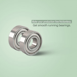 Close-up of two steel ball bearings on a light green background with text promoting frictionless production lines.