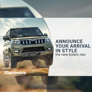 Mahindra Bolero Neo SUV in an off-road setting with promotional text.