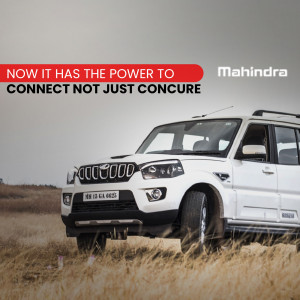 White Mahindra Scorpio-N parked in a field with text overlay