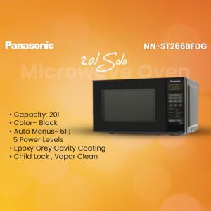 Black Panasonic 20L Microwave Oven with product features listed