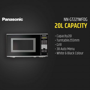 Black Panasonic microwave oven with yellow text displaying specifications