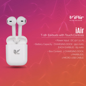 White iAir T-18 wireless earbuds with charging case
