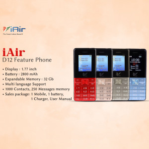 iAir D12 Feature Phone in red, black, and silver colors