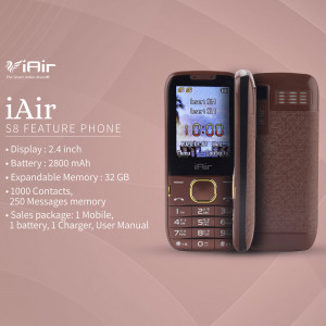 Brown iAir S8 feature phone with display showing time and features listed