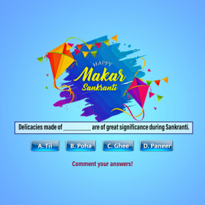 Colorful Makar Sankranti graphic with kites and a quiz question.