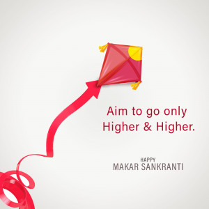 A vibrant red kite with a long tail flying against a white background with Makar Sankranti greetings.
