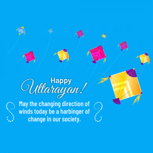 Colorful kites flying in a blue sky with the text 'Happy Uttarayan'