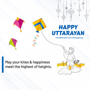 Illustration of kites flying and a person holding a kite string with the text 'Happy Uttarayan'