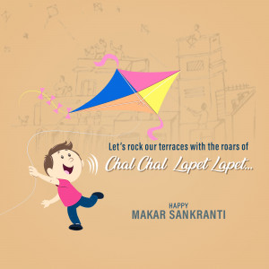 Illustration of a boy flying a kite with a Makar Sankranti greeting.
