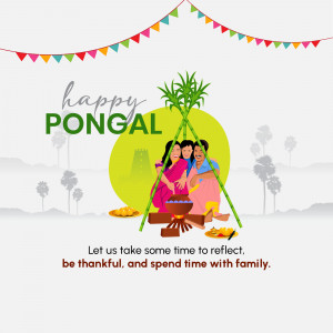 Illustration of a family celebrating Pongal with sugarcane and a traditional setup.
