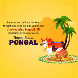 Pongal festival greeting with a decorated cow and harvest elements