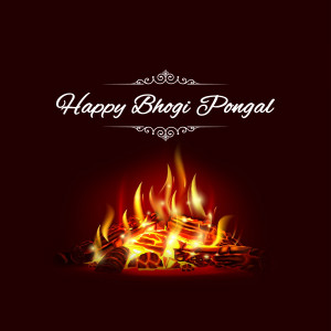Bhogi Pongal bonfire with festive text