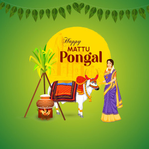 Illustration of a woman with a cow and Pongal decorations