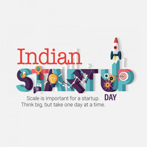 Illustration depicting the concept of Indian Startup Day with gears, rockets, and lightbulbs.