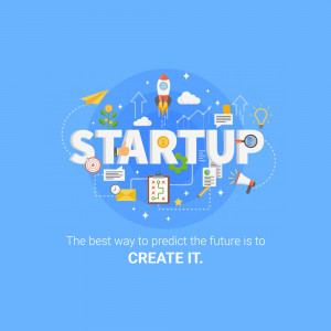 Illustration depicting startup concepts with rocket, airplane, and growth elements.