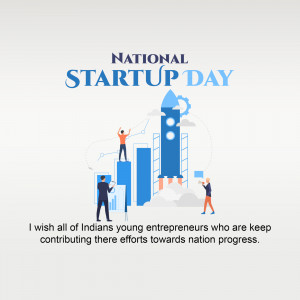 Illustration celebrating National Startup Day with a rocket launch and people working.
