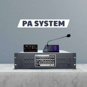 Image of a complete PA system with mixer, amplifier, and microphone.