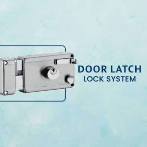 Close-up of a modern silver door latch lock system against a light blue background.