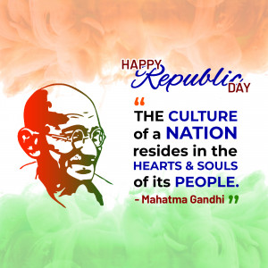 Republic Day greeting with Mahatma Gandhi's portrait and a quote.