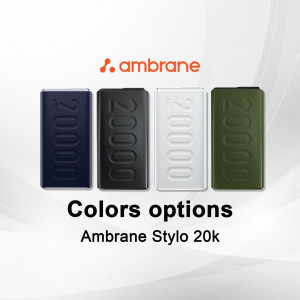 Ambrane Stylo 20k power bank in four different colors: blue, black, white, and green.
