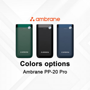 Ambrane PP-20 Pro power bank in green, black, and blue colors