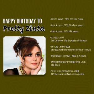 Portrait of Bollywood actress Pretty Zinta with awards listed