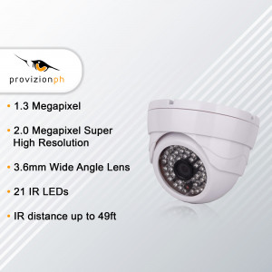 White dome security camera with specifications listed