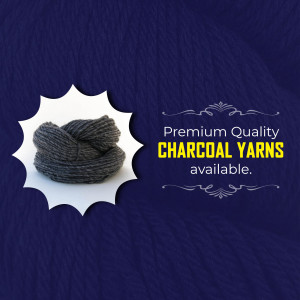 Close-up of charcoal yarn with a starburst background and text advertising premium quality.