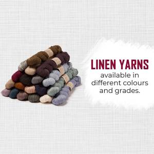 A stack of colorful linen yarns with the text 'Linen Yarns available in different colours and grades.'