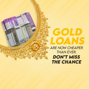 Image depicting gold jewelry and Indian currency notes promoting affordable gold loans.