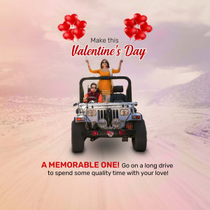 Couple in a Jeep with red balloons celebrating Valentine's Day