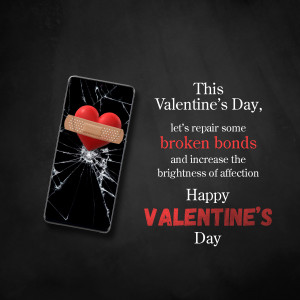 Smartphone with a cracked screen and a heart-shaped bandage, promoting Valentine's Day message.