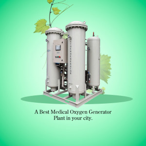 Image of a medical oxygen generator plant with green background and text.