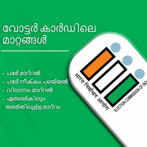 Image of an Indian Voter ID card with the Election Commission of India logo and Malayalam text.