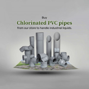 Assortment of gray Chlorinated PVC pipes and fittings on a green surface.
