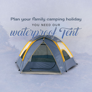 Image of a waterproof camping tent with a blurred mountain background and text promoting family camping holidays.