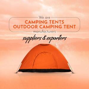 Orange camping tent in a desert landscape with text overlay promoting camping tent manufacturing and supply.