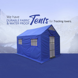 Blue tent with windows against a snowy mountain backdrop