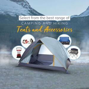 Camping tent and hiking accessories with mountain background