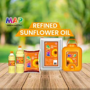 MAP Refined Sunflower Oil products displayed on a wooden surface with a blurred green background.