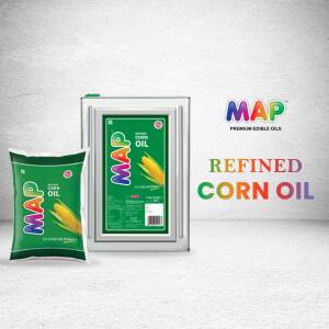 Image of MAP Refined Corn Oil in a can and pouch packaging.