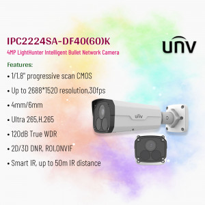 UNV 4MP LightHunter Intelligent Bullet Network Camera - IPC2224SA-DF40(60)K